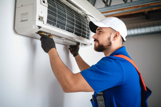 HVAC technician installing a mini split air conditioner in Rancho Palos Verdes