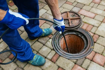 Plumber cleaning an outdoor sewer drain in Rancho Palos Verdes