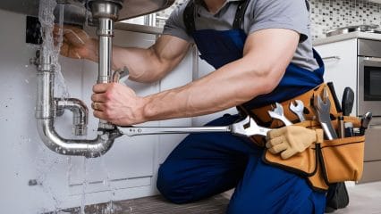 Plumber repairing pipes beneath a sink in Rancho Palos Verdes